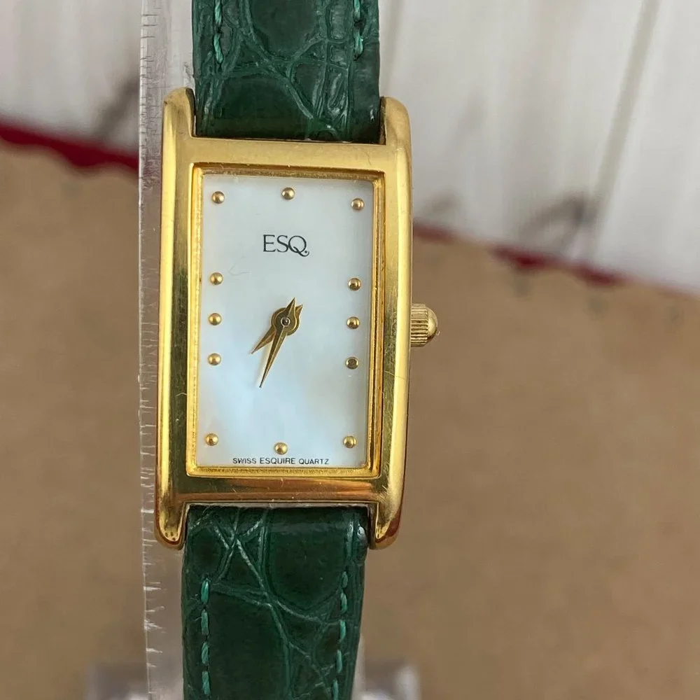 Vintage Gold Movado Esquire Small Swiss Tank Watch Green Strap - Picture 2 of 6